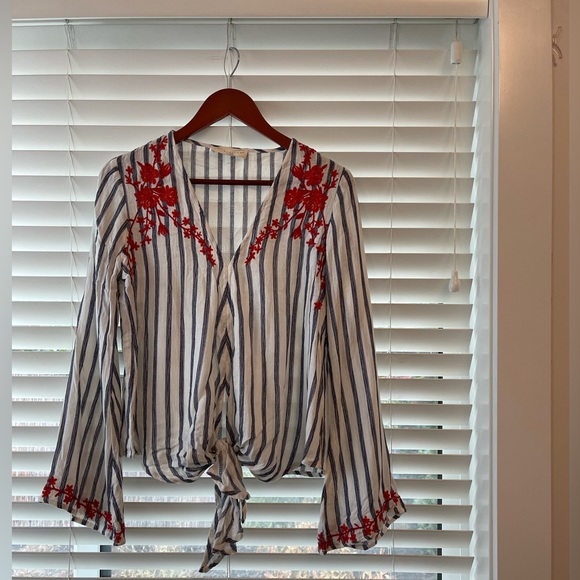 NEW LoveStitch Red Embroidered Blue + White Striped Blouse with Waist Tie - Picture 2 of 6